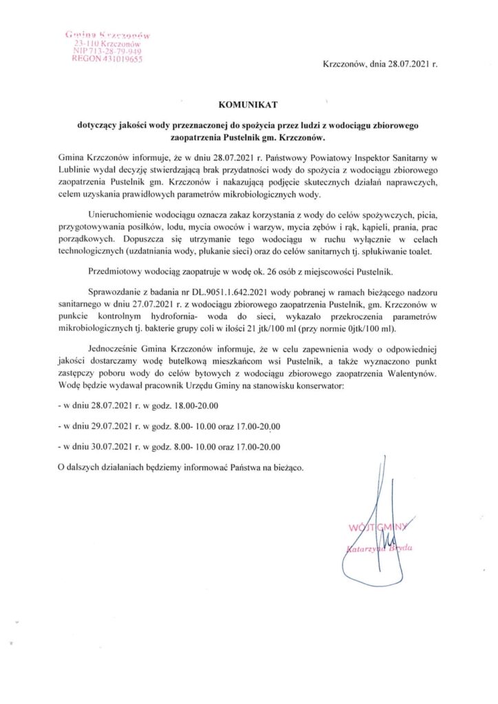 Komunikat Wójta Gminy Krzczonów-1