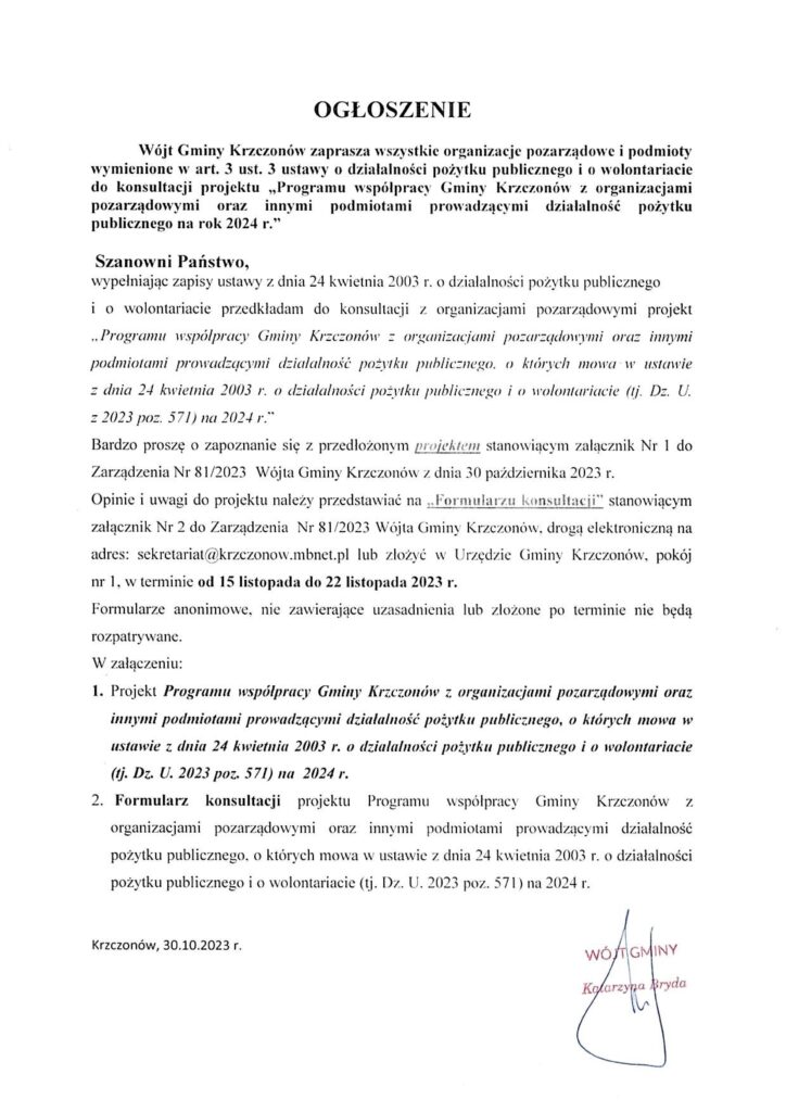 Ogłoszenie o konsultacjach Programu współpracy Gminy Krzczonów z organizacjami pozarzadowymi....