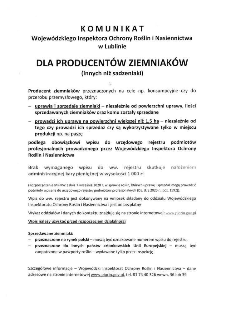 KOMUNIKAT Wojewódzki Inspektor Ochrony Roślin i Nasiennictwa