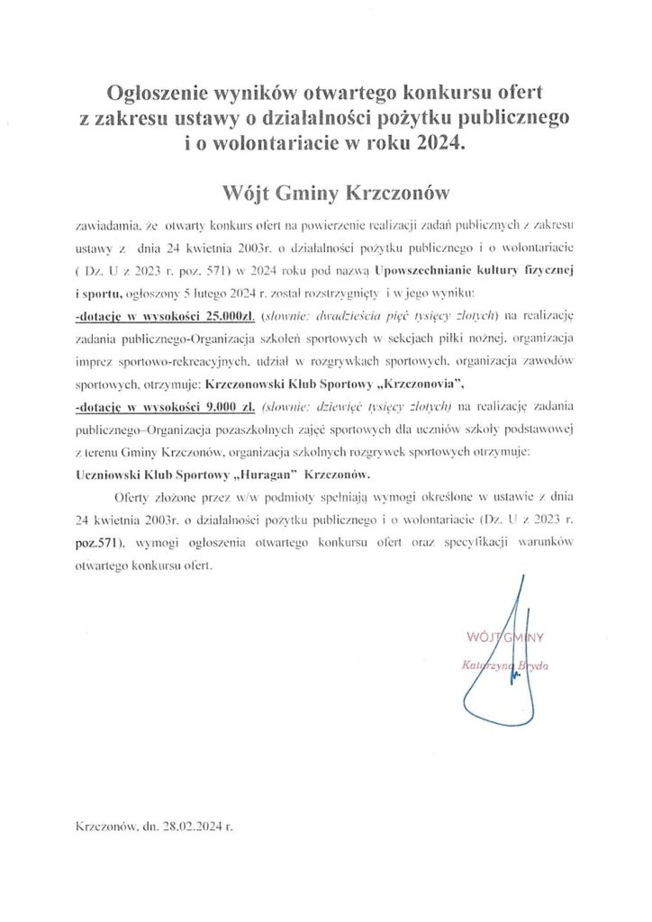 Ogłoszenie wyników otwartego konkursu ofert w roku 2024