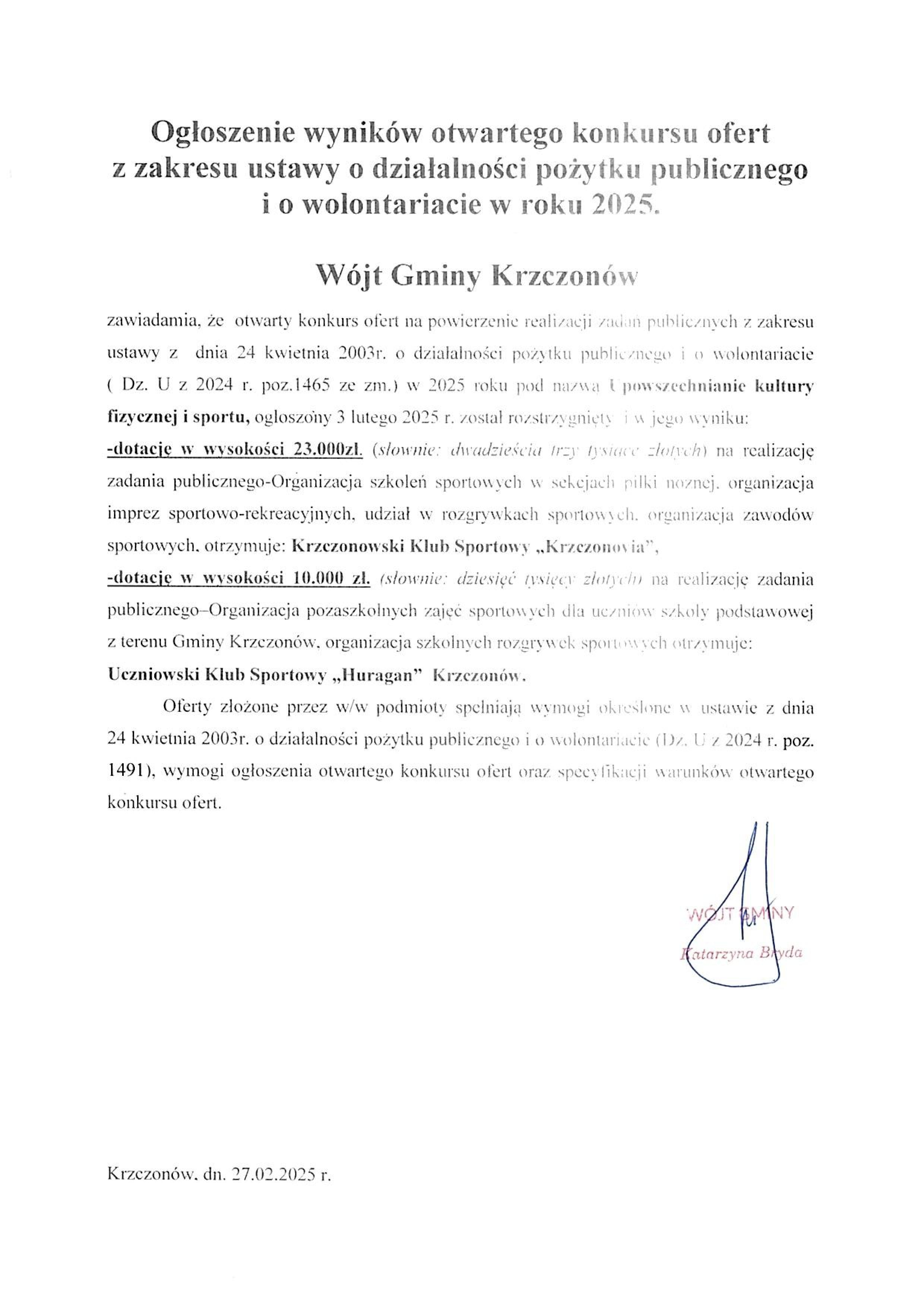 Ogłoszenie wyników konkursu ofert